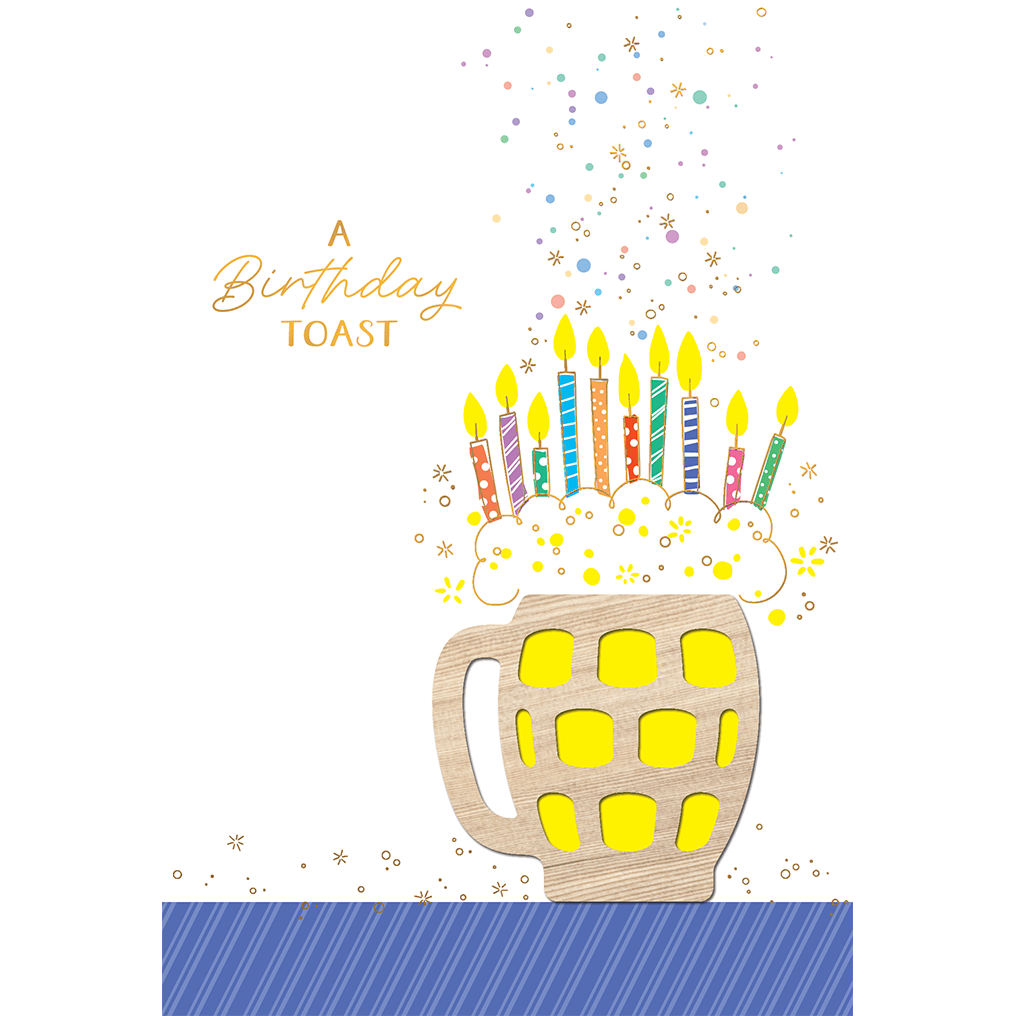 Pictura beer mug birthday card with wood element, featuring a cheerful beer mug illustration for celebrating birthdays.